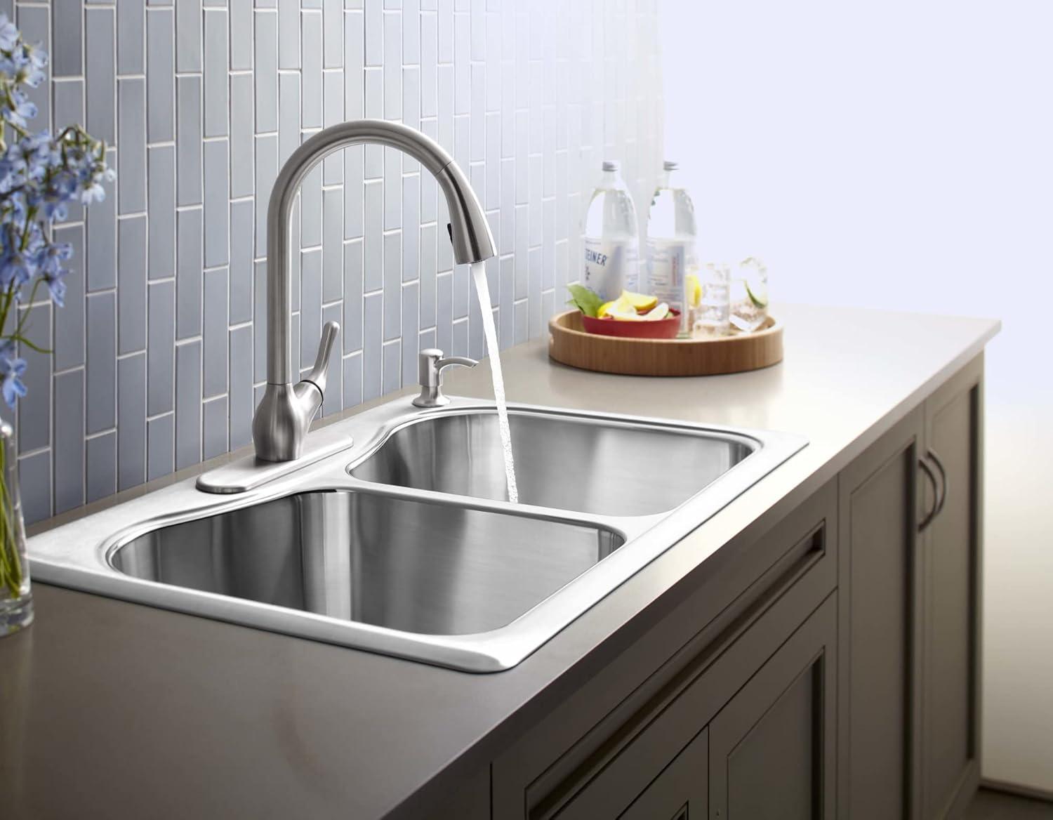 KH K-R776-SD-VS Barossa Single Handle Pull-Down Kitchen Faucet in Vibrant Stainless with Soap/Lotion Dispenser and DockNetik