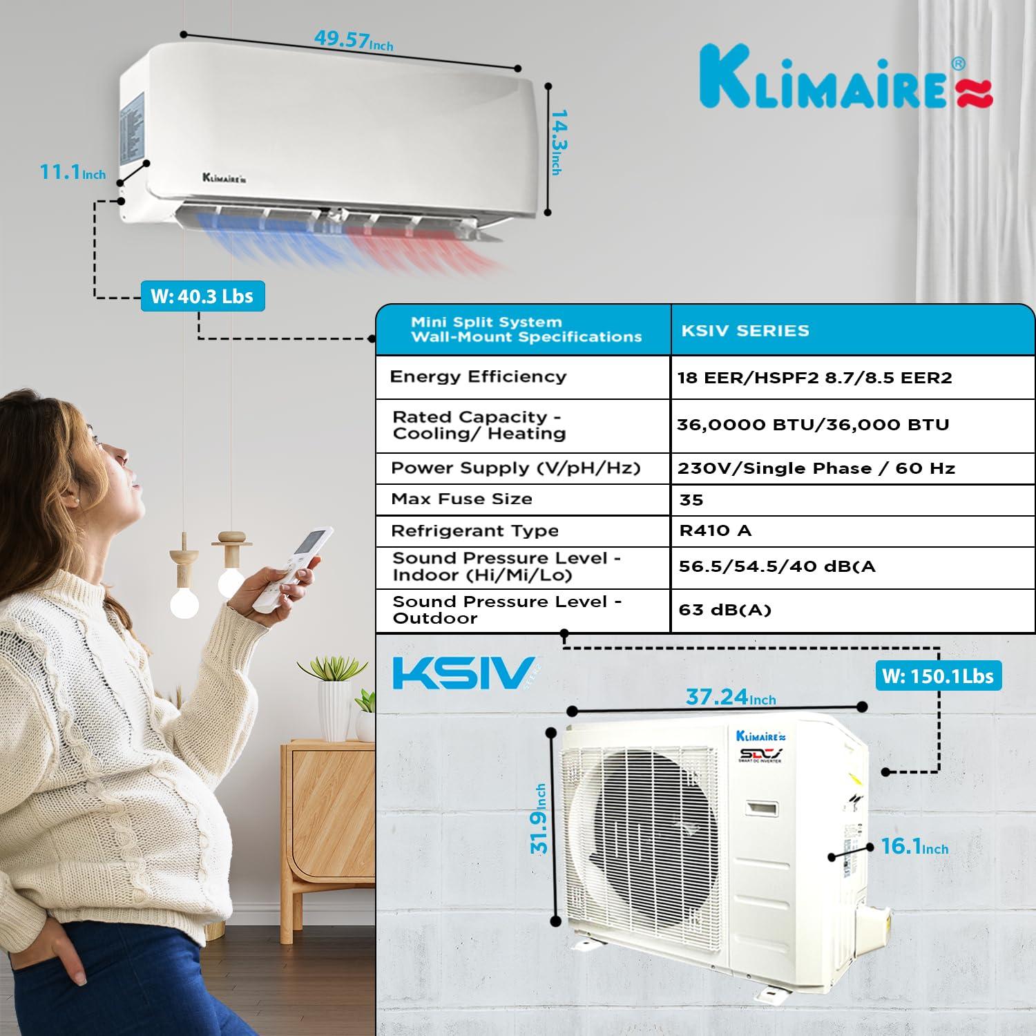 Klimaire 36,000 BTU 17.5 SEER2 Wi-Fi-Enabled Ductless Mini-Split Heat Pump Air Conditioner with Installation Kit, Up to 2,400 Sq. Ft
