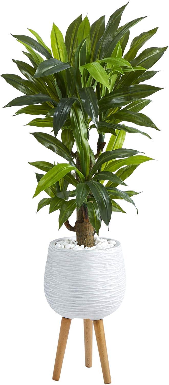 Nearly Natural 46-in Corn Stalk Dracaena Artificial Plant in White Planter with Stand (Real Touch)