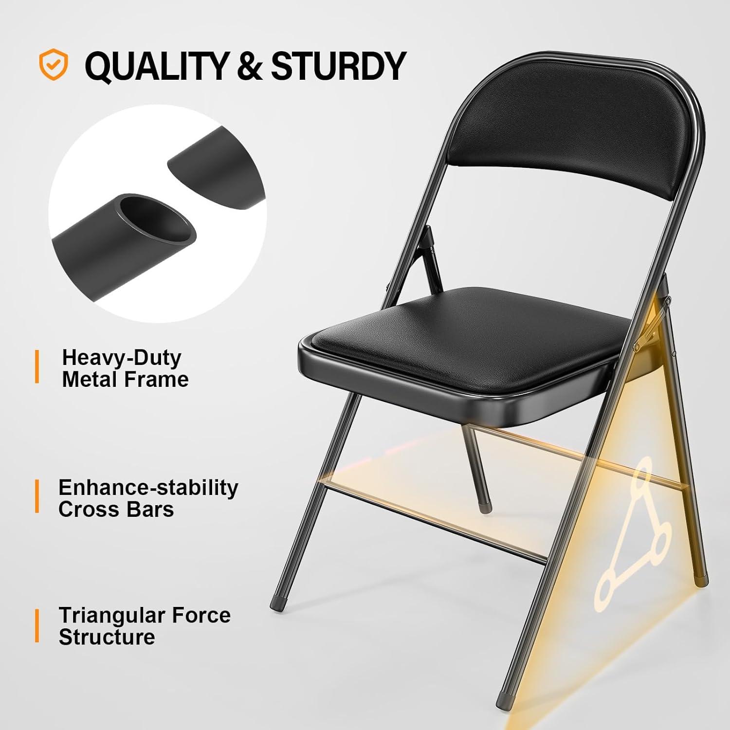 4Pcs Fully Assembled Thick-Padded Black PU Folding Chairs, 17.7"X19.7"X30.7"