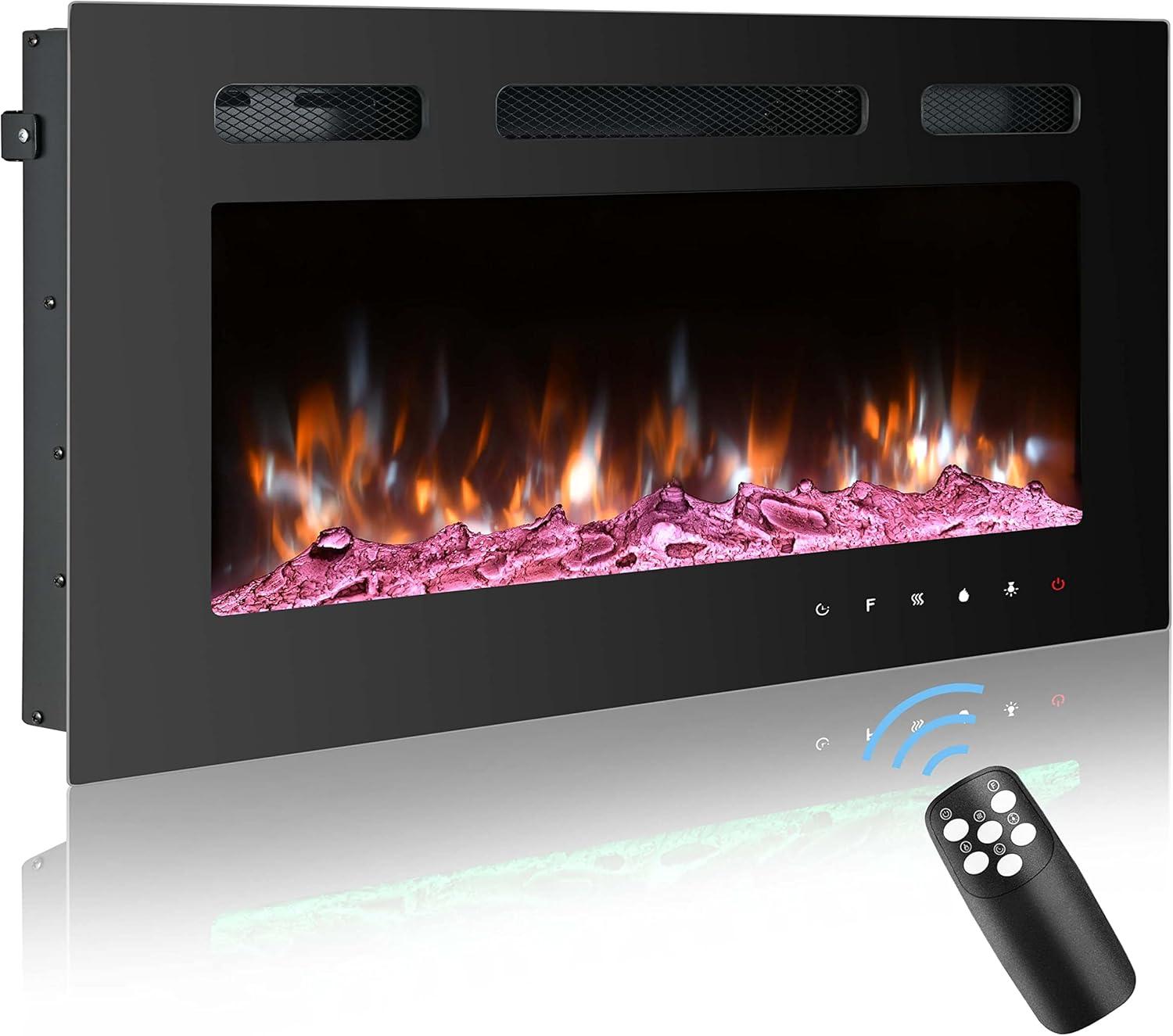 Tangkula 36"/40"/50" Recessed Electric Fireplace Wall Mounted Heater w/Remote Control 750W/1500W mode Adjustable Flame