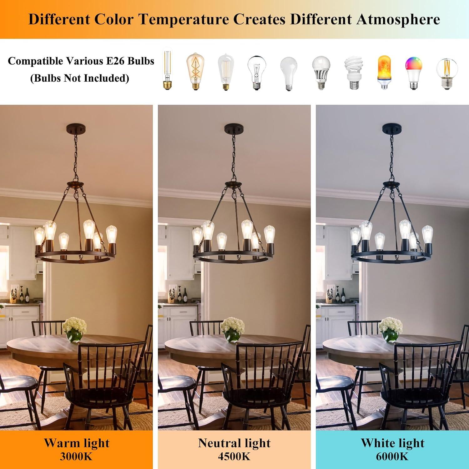 Farmhouse 6 Lights Black Wagon Wheel Chandelier,Modern Vintage Round Pendant Light Fixture for Dining Room,Living Room, Entryway Foyer Kitchen Island, E26