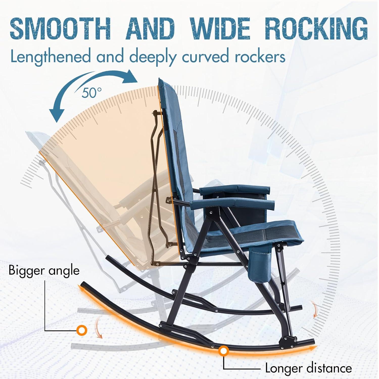 PORTAL Oversized Folding Rocking Camping Chair Portable Outdoor Rocker with High Back Hard Armrests Carry Bag, Supports 400 lbs