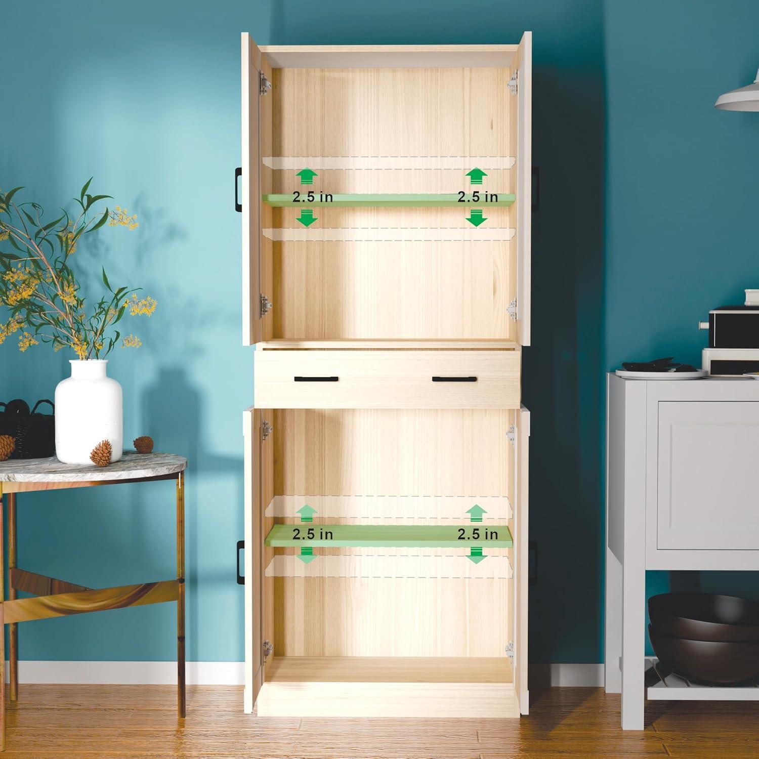 DIYART Oak Kitchen Pantry Cabinet, 71" Tall Kitchen Storage Cabinet with doors and Drawer