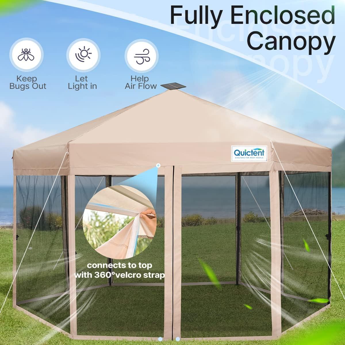 Quictent 13’ X 13’ Hexagonal Gazebo Pop up Canopy Tent with Mosquito Net ,Easy up Screened Canopy Gazebo, Beige