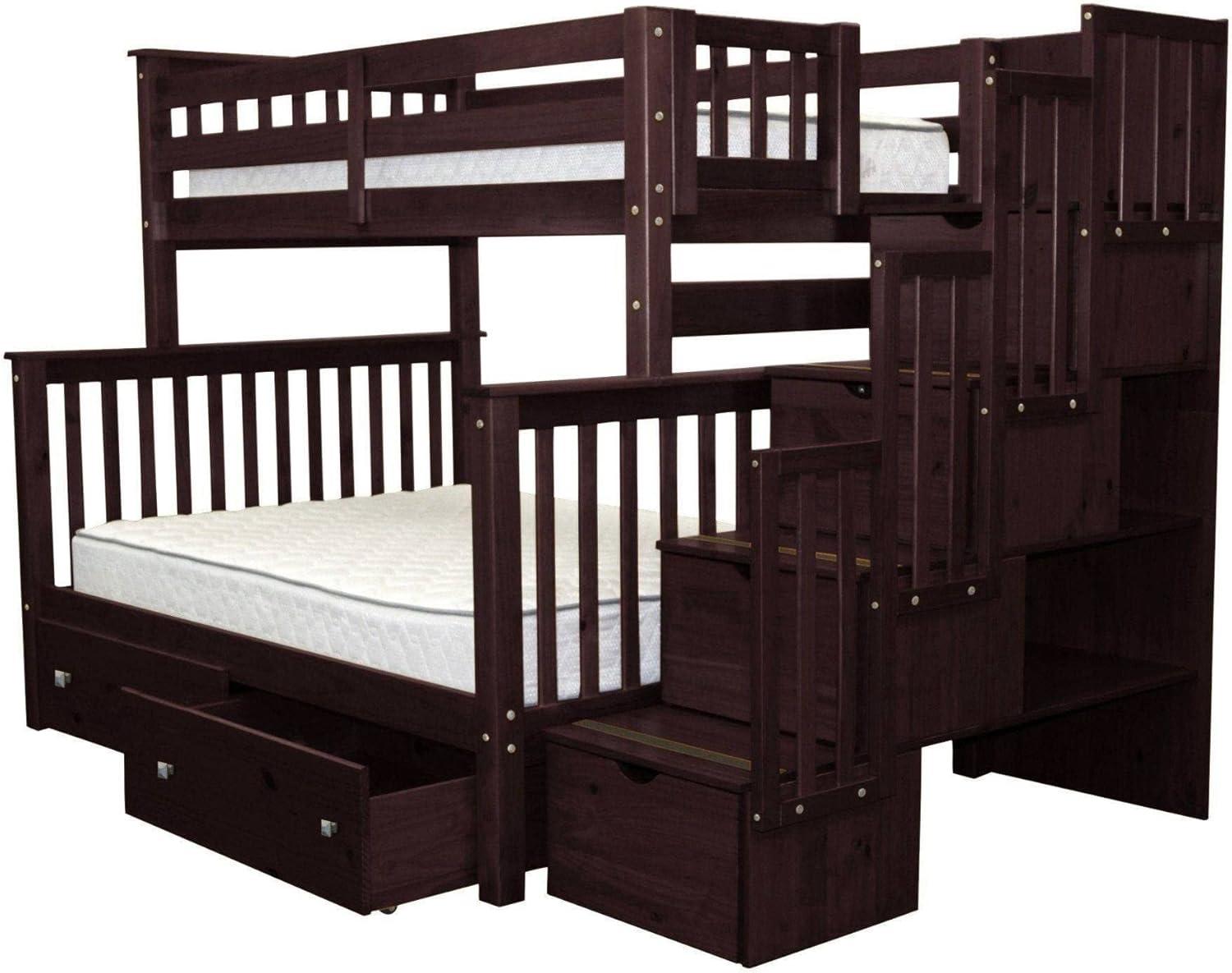 Bedz King Stairway Bunk Beds Twin over Full with 4 Drawers in the Steps and 2 Under Bed Drawers, Dark Cherry