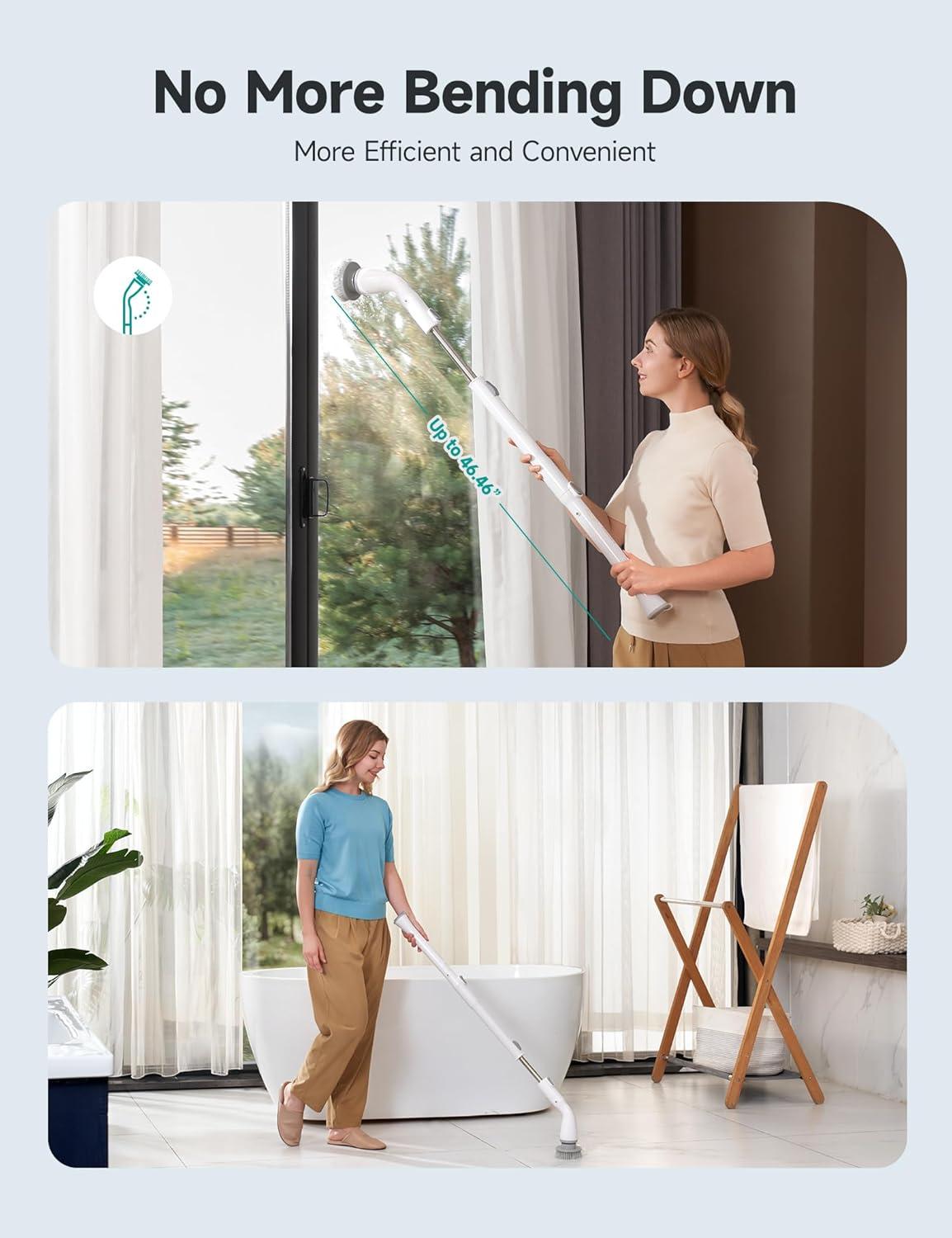 HiCOZY Electric Spin Scrubber, Cordless Shower Scrubbe with Adjustable Handle, Floor Scrubber, Cleaning Brush Household Tools