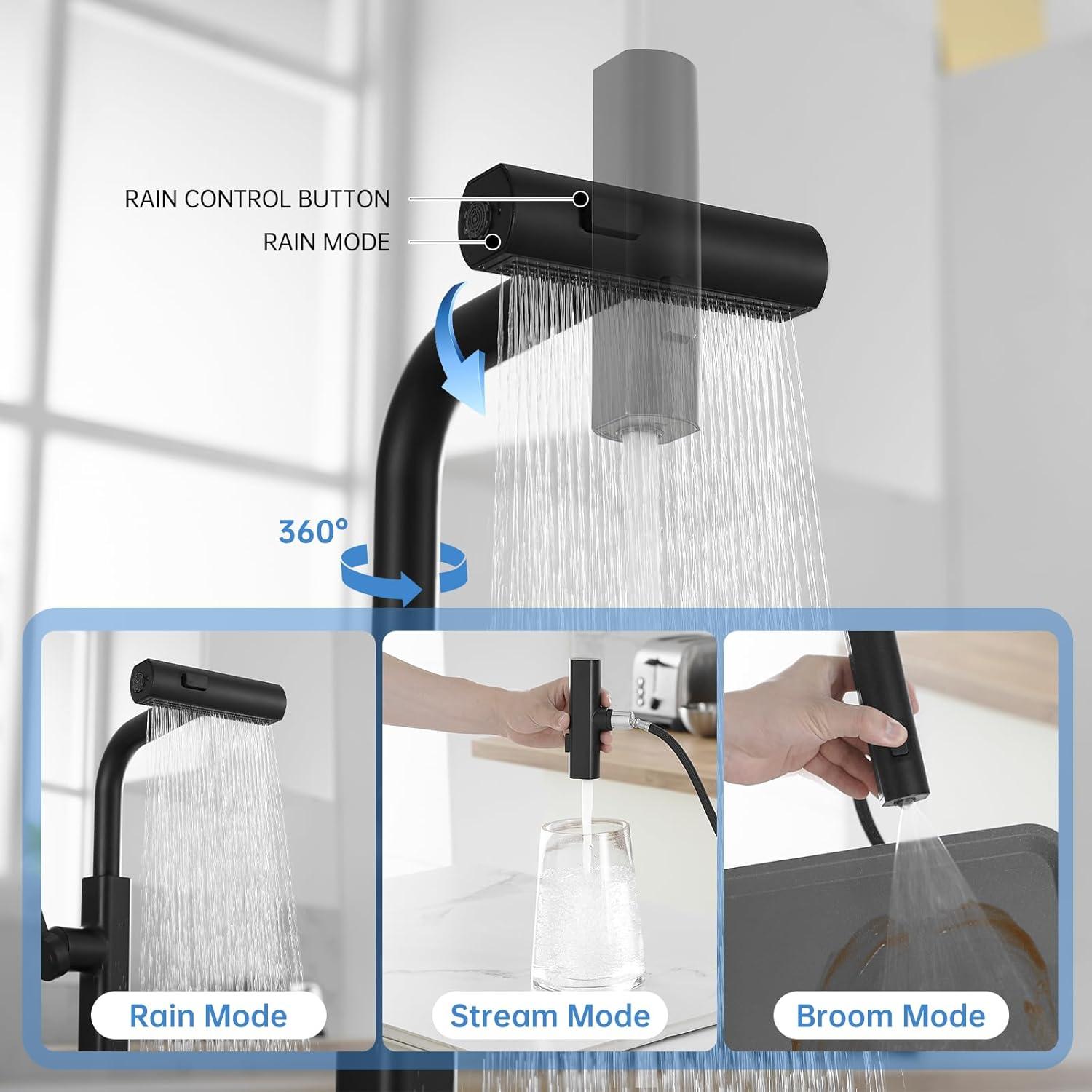 Kitchen Faucets With Pull Down Sprayer Matte Black Waterfall Rv Kitchen Sink Faucet With Sprayer 3-Mode Commercial High Arc Single Hole Or 3 Hole Stainless Steel Laundry Faucet With 360° Swivel