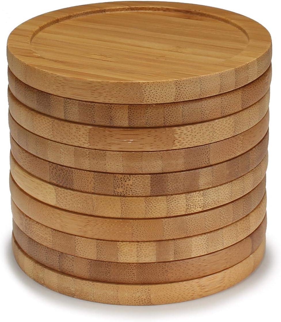 BambooMN Heavy Duty 100% Eco-Friendly Natural Bamboo Coasters - 3.75" - Round - 4 Piece Coaster Set