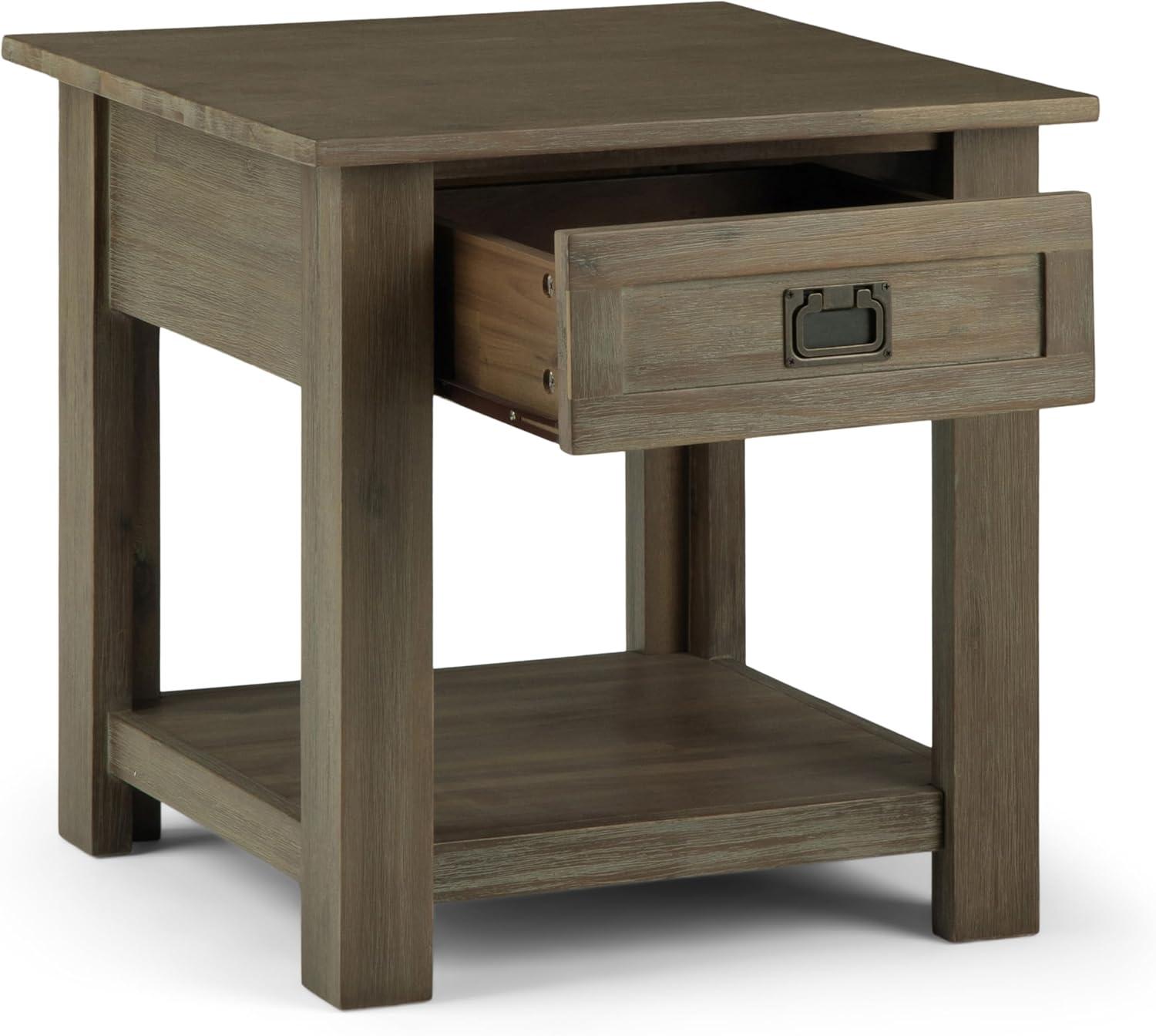 Monroe Solid Acacia Wood Square End Table in Distressed Grey with Storage