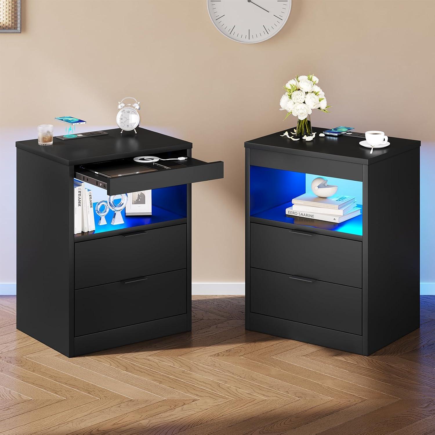 Exlonjet Black Nightstand with Wireless Charging Station and LED Lights, Bedside Table with 2 Drawers, Open Storage, 1 Pull-Out Tray, End Side Table with Charging Station, LED Night Stand with Storage