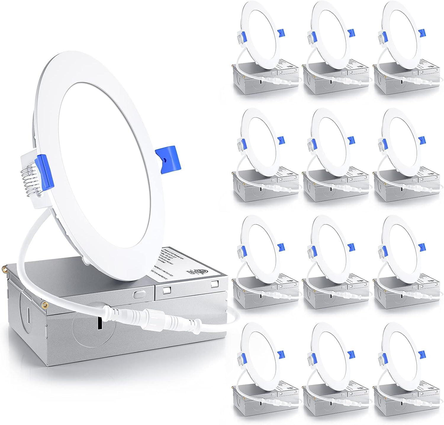 Ensenior 12 Pack 4 Inch Ultra-Thin LED Recessed Ceiling Light with Junction Box, 3000K/4000K/5000K Selectable, 9W 75W Eqv, Dimmable, 750LM High Brightness - ETL and Energy Star Certified 4 Inch 5000k/4000k/3000k - 3cct White