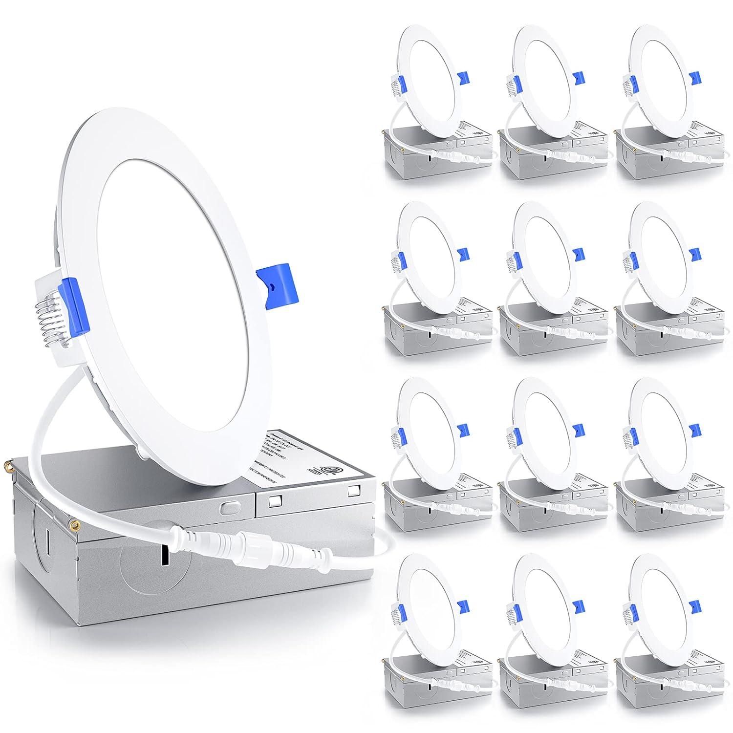 Ensenior 12 Pack 4 Inch LED Recessed Light, Dimmable, 5000K Daylight, 750LM High Brightness, 9W 120V, Damp Rated, ERL-9X-ETL, Ultra-Thin Canless Wafer Light - ETL & FCC & IC