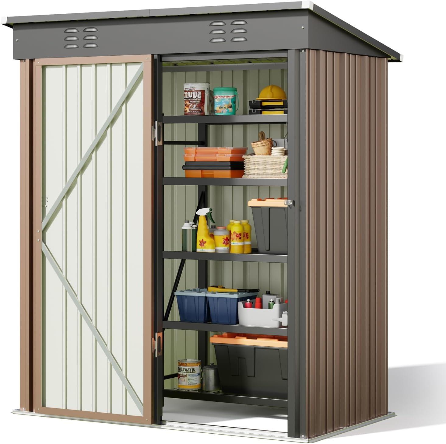 Bealife Outdoor Storage Shed Clearance, Metal Outdoor Storage Cabinet, Waterproof Tool Shed, Lockable Backyard Sheds for Garden, Patio and Lawn (Brown, 5' x 3')