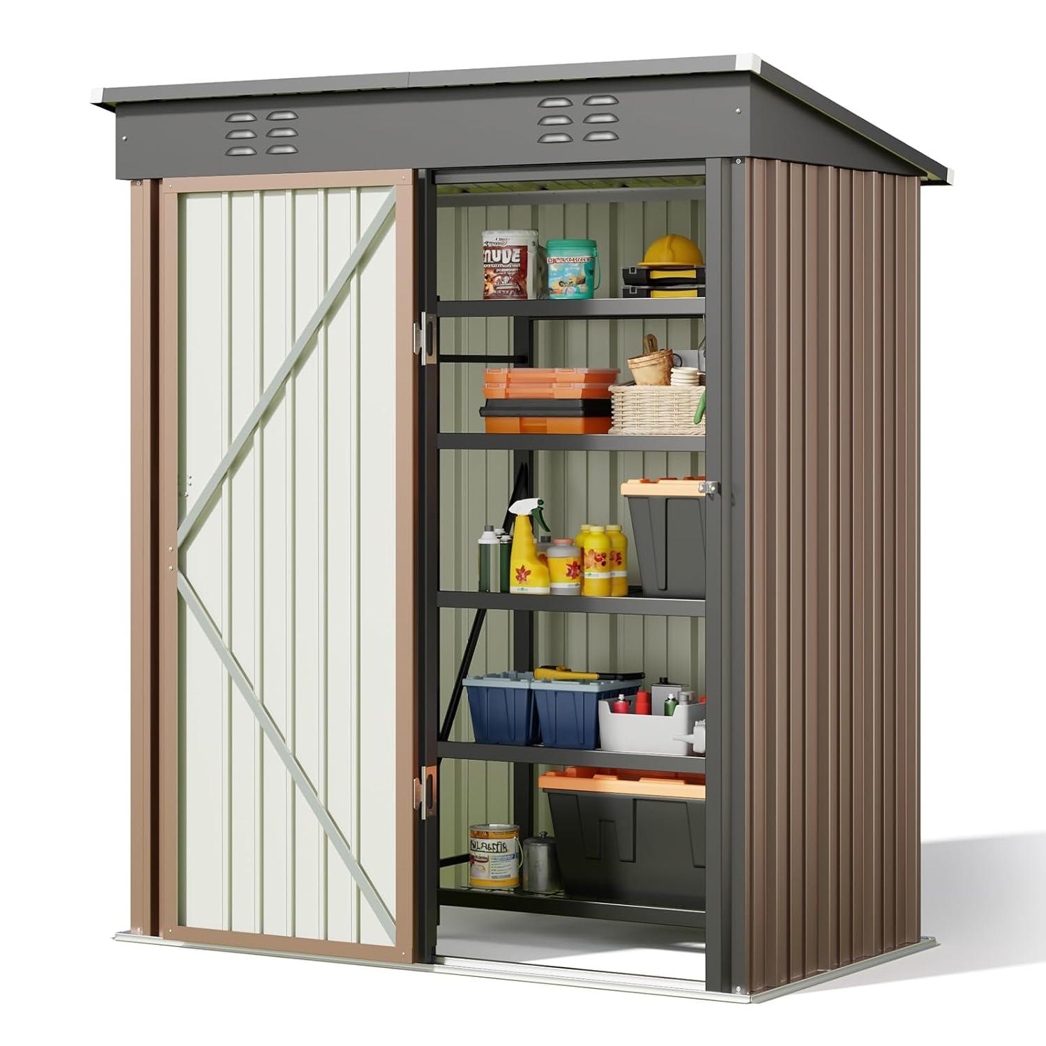 Bealife Outdoor Storage Shed Clearance, Metal Outdoor Storage Cabinet, Waterproof Tool Shed, Lockable Backyard Sheds for Garden, Patio and Lawn (Brown, 5' x 3')