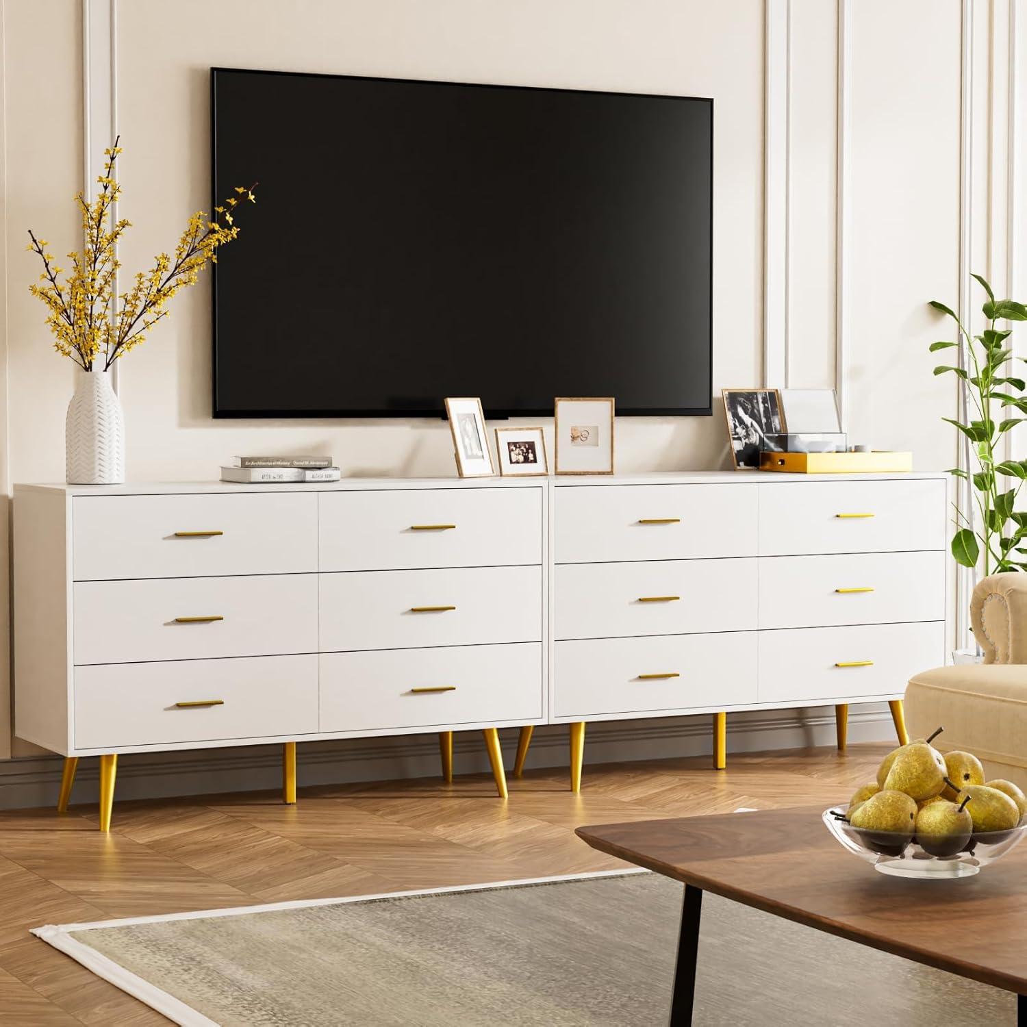 White Modern 6-Drawer Dresser with Gold Handles and Legs