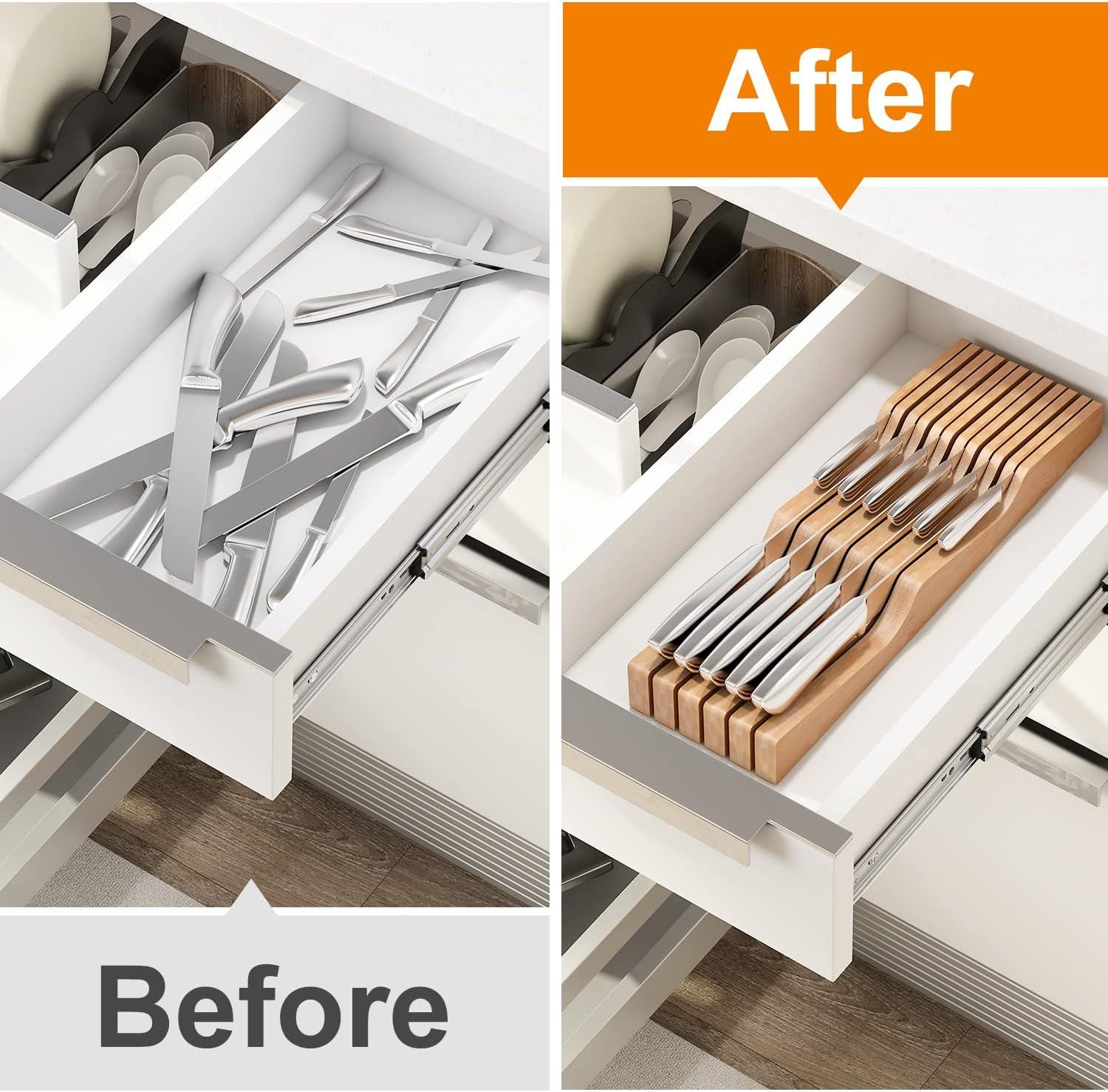 Bamboo In-Drawer Knife Block Organizer for 11 Knives