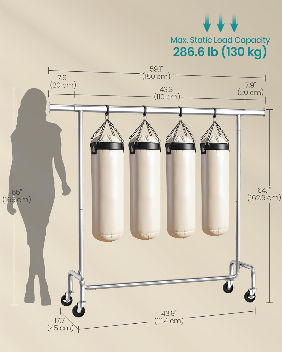 300lb Clothing Rack Heavy Duty Clothes Rack on Wheels Garment Rack Rolling Coat Rack for Bedroom Living Room Silver