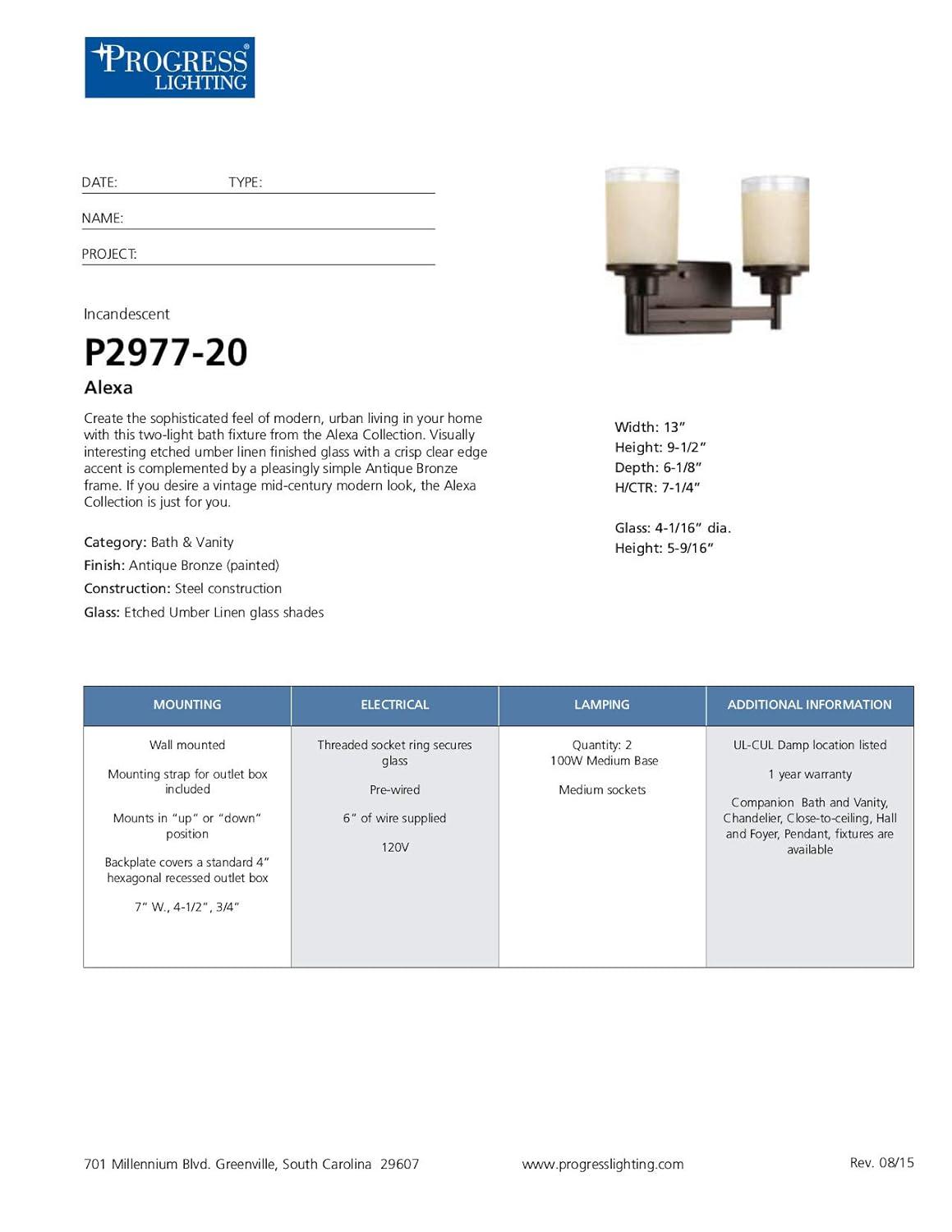 Progress Lighting Alexa Collection 2-Light Bath Fixture, Antique Bronze, White Linen Glass Shade