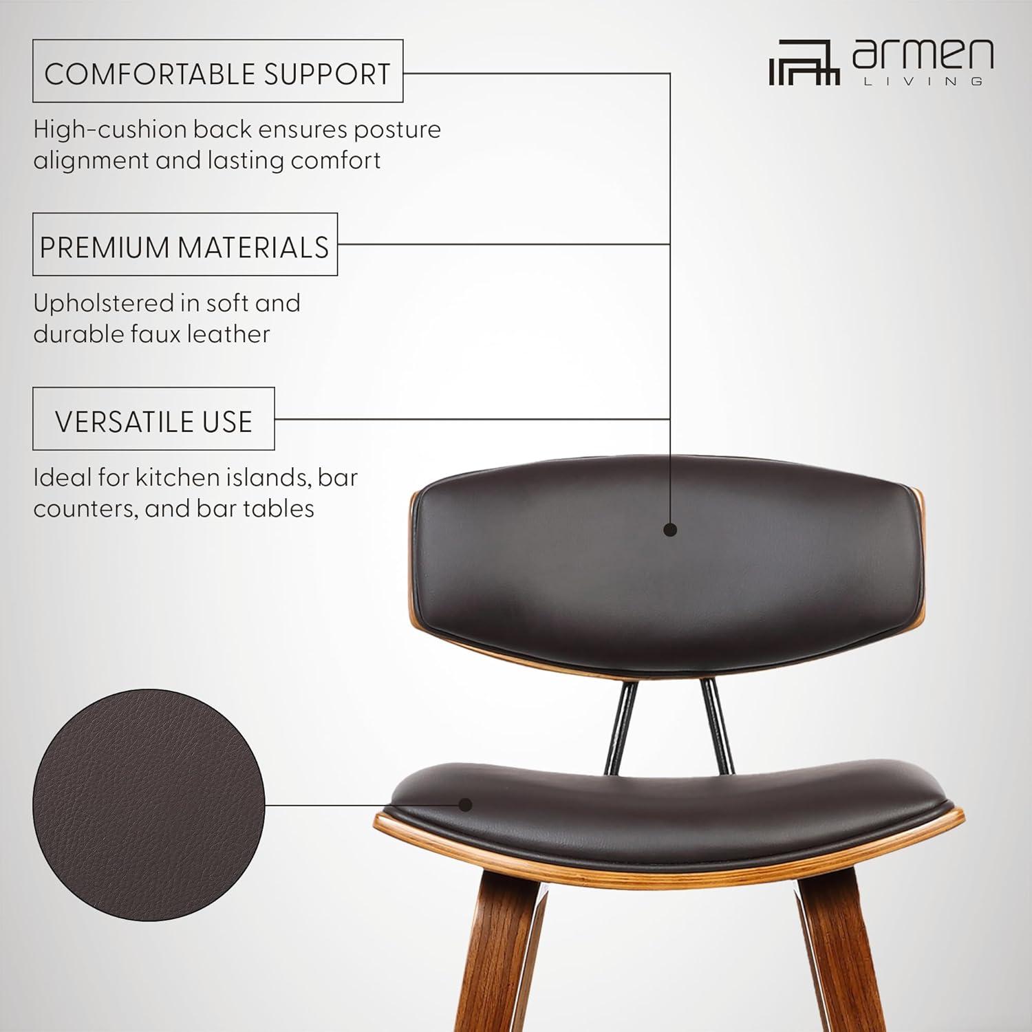 Armen Living 26" Fox Mid-Century Counter Height Barstool in Brown Faux Leather with Walnut Wood: Upholstered Square Seat, Padded Back