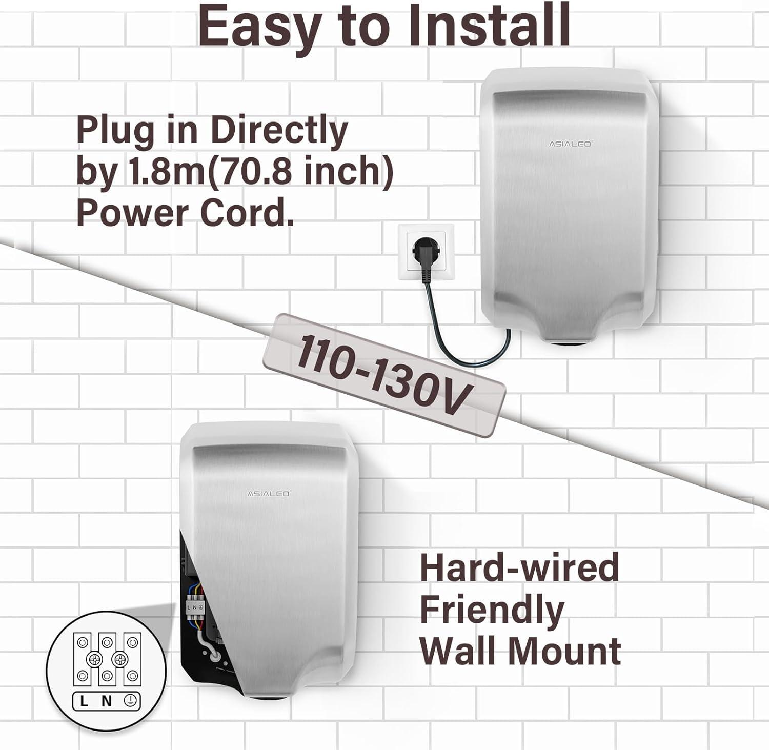 Hand Dryer for Bathroom Commerical,UL Listed and ADA Compliant Automatic Electric Plug in Hand Blower,Cold/Hot air switchable,High Speed 1000W,70dB,Brushed Stainless Steel Cover,Wall Mounted