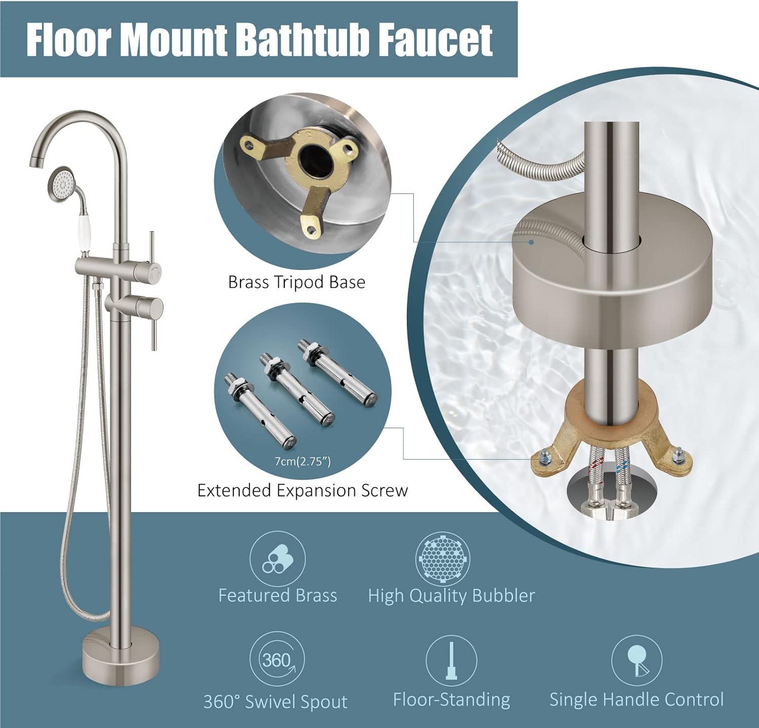 Aolemi Floor Mount Bathtub Faucet Freestanding Tub Filler Standing High Flow Shower Faucets with Ceramic Handheld Brushed Nickel