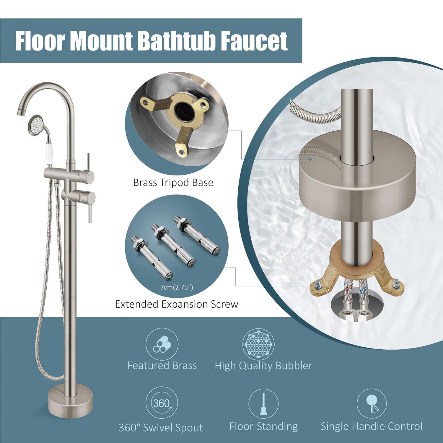 Aolemi Floor Mount Bathtub Faucet Freestanding Tub Filler Standing High Flow Shower Faucets with Ceramic Handheld Brushed Nickel