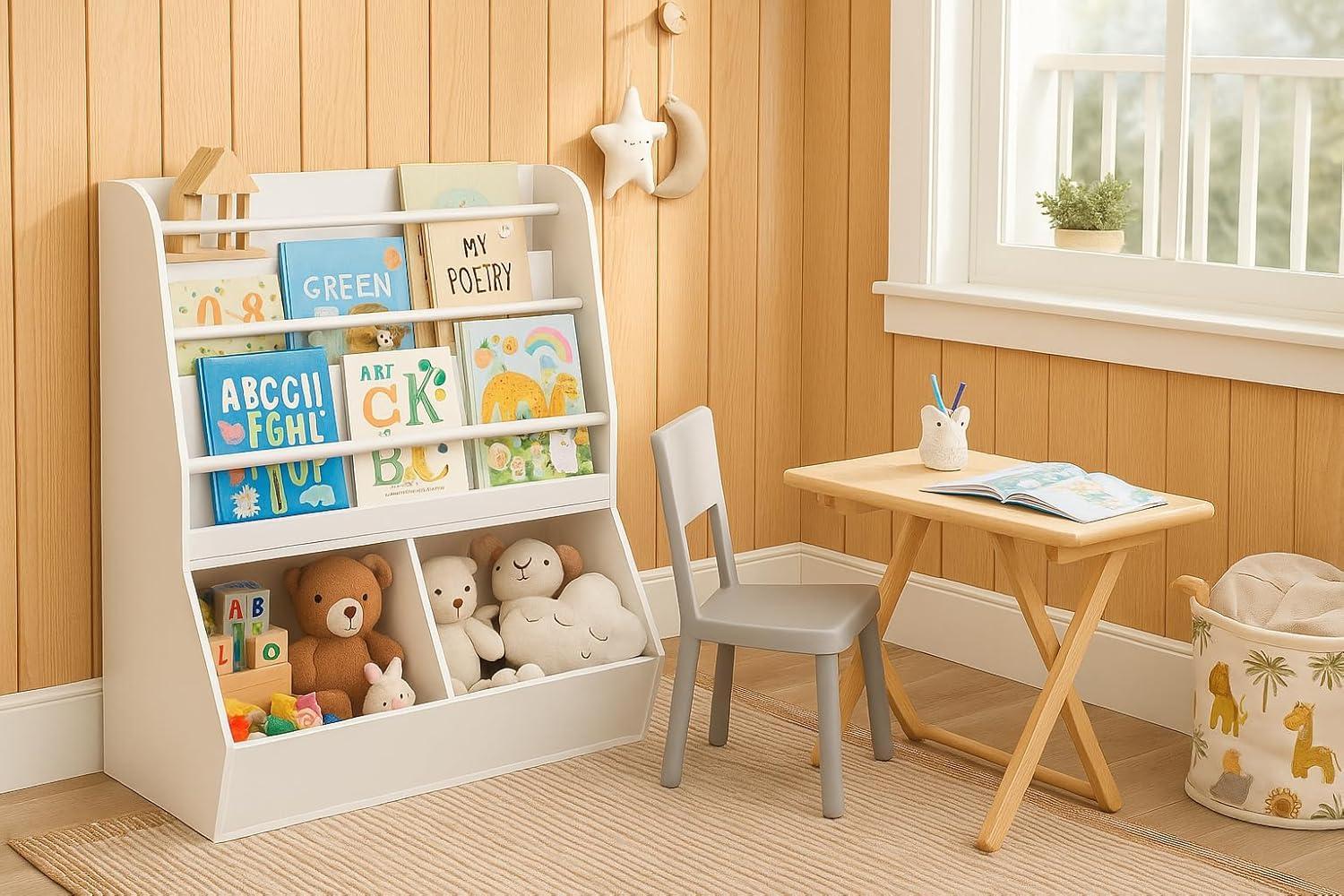 UTEX Kids Bookshelf Toy Organizer with Rolling Toy Box, White, 23.62” W x 11.8” D x 35.43” H