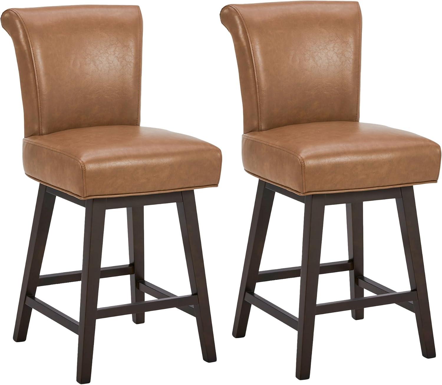 Saddle Brown Faux Leather Swivel Counter Stools with Wood Legs, Set of 2