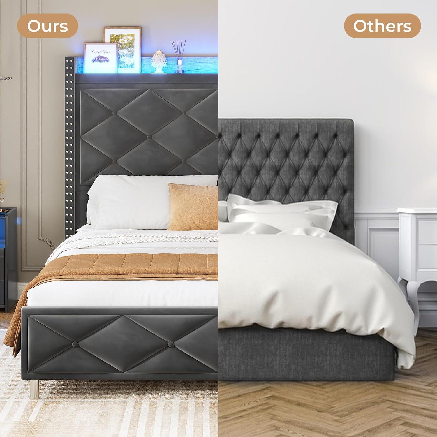 AOGLLATI Queen Bed Frame with Tall Storage Headboard,Charging Station,Upholstered Led Bed Frame Queen Size with Wooden Slats Support, No Box Spring Needed, Dark Gray