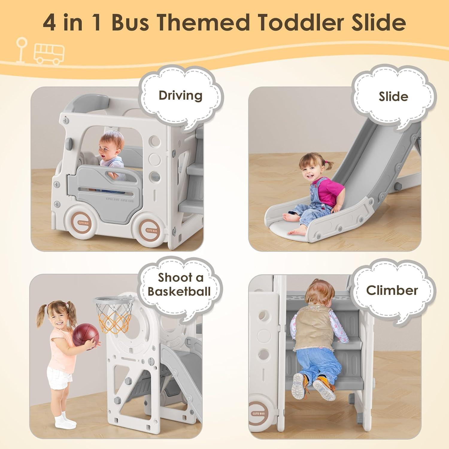 Suteck 4 in 1 Toddler Slide, Kids Slide with Climber and Bus Playhouse Outdoor Indoor Slide Playset