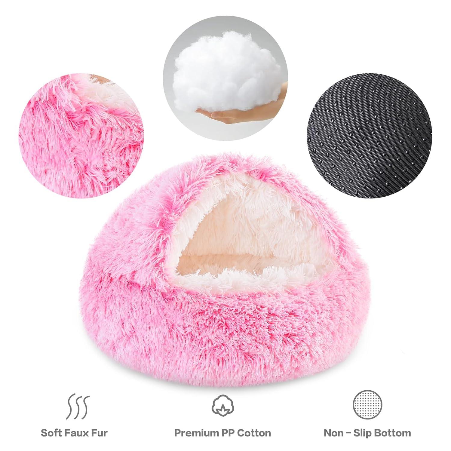 Utoimkio Calming Dog Beds & Cat Cave Bed with Hooded Cover,Portable Round Beds for Small Medium Pets,Anti-Slip Fluffy Coved Pet Bed,Comfortable Warming Pet Bed,15.7"x15.7"