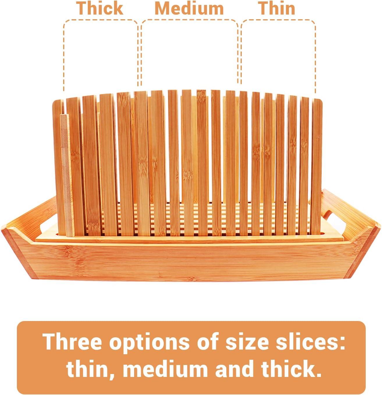 Premium Bamboo Bread Slicer for Homemade Bread, Crumb Catcher, Foldable and Compact Loaf Cutter 3 Size Slicing Guide
