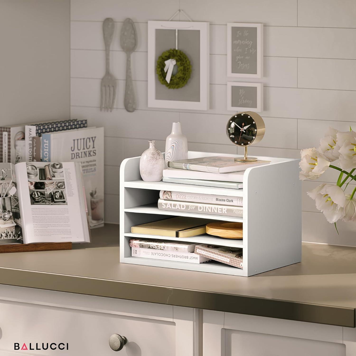 Ballucci 4-Tier Adjustable Desk Organizer Paper Sorter, Office Document Letter Tray, White