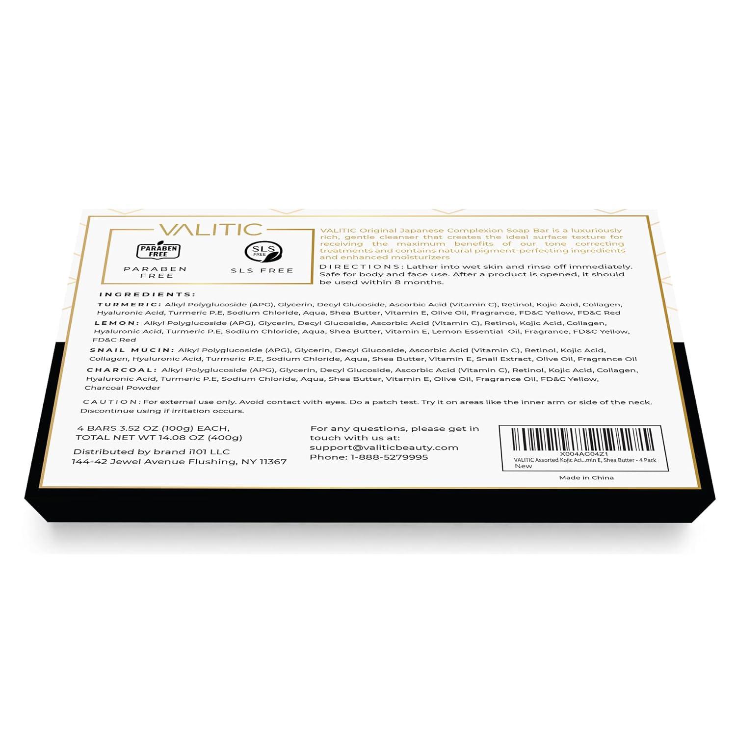 VALITIC Kojic Acid Soap Bars - Turmeric, Snail Mucin, Charcoal and Lemon - 4 Assorted Dark Spot Remover Soaps with Hyaluronic Acid, Vitamin C, Vitamin E and Shea Butter