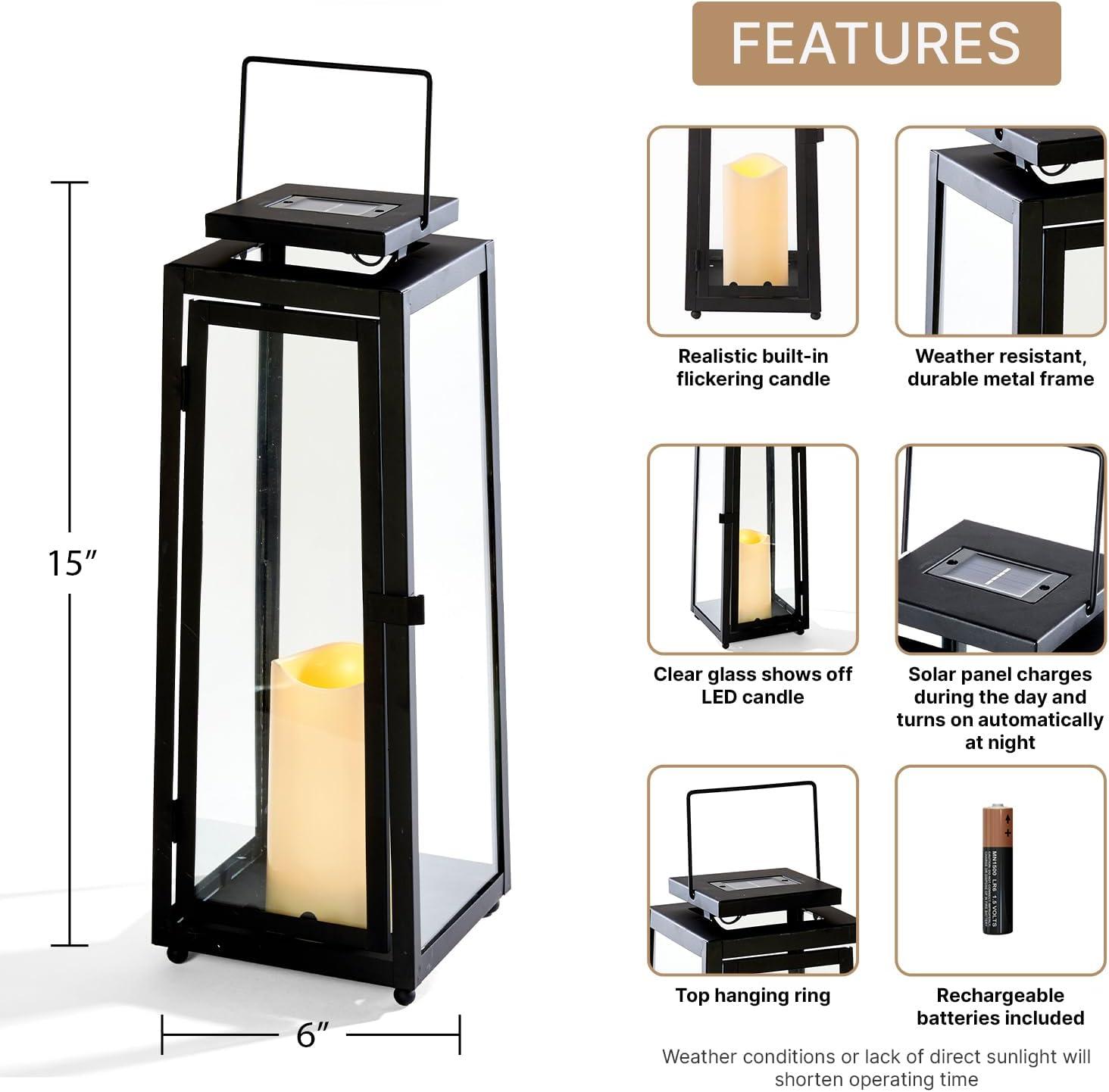 15-Inch Black Metal and Glass Solar Candle Lantern