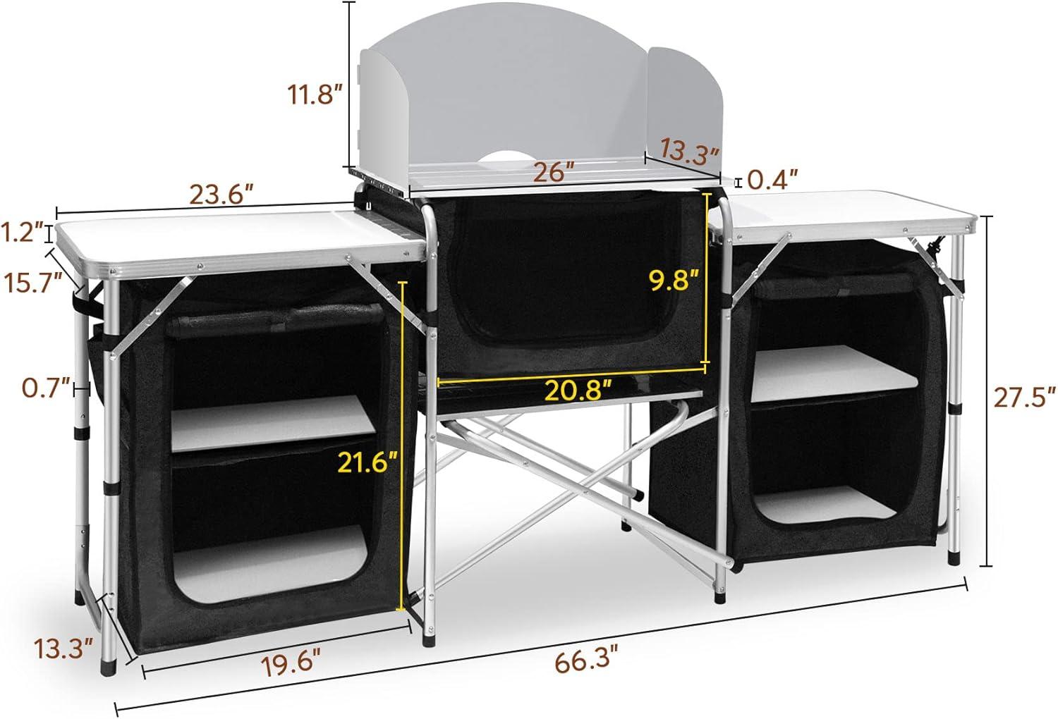 Black Aluminum Portable Camping Kitchen Table with Storage and Windscreen