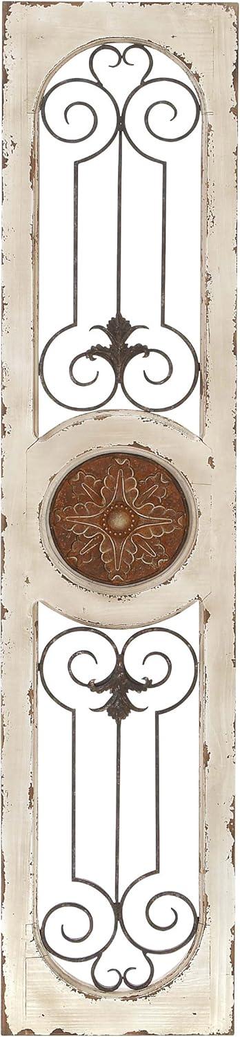 DecMode White Wood Distressed Door Inspired Ornamental Scroll Wall Decor with Metal Wire Details