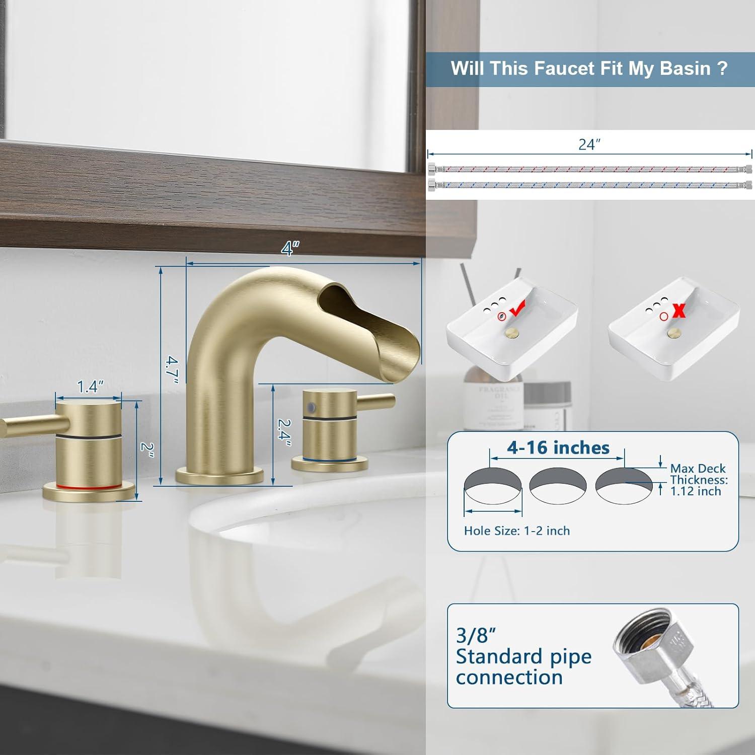 Qomolangma Waterfall Bathroom Faucets 3 Holes 2 Handles - Brushed Gold Bathroom Sink Faucets Widespread with Pop Up Drain, Lavatory Mixer Tap for Bathroom Sink RV Vessel Basin