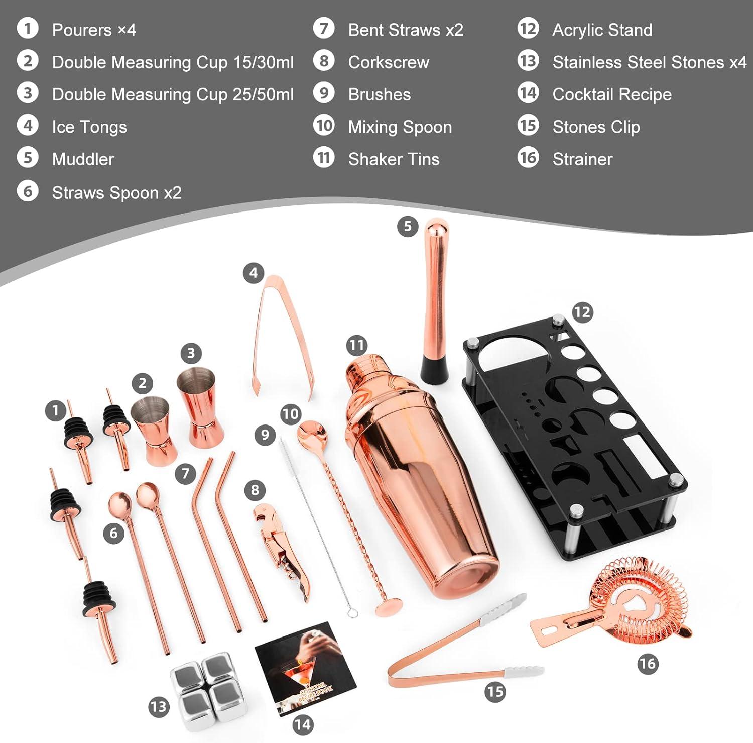 Rose Gold 23-Piece Stainless Steel Bartender Kit with Acrylic Stand