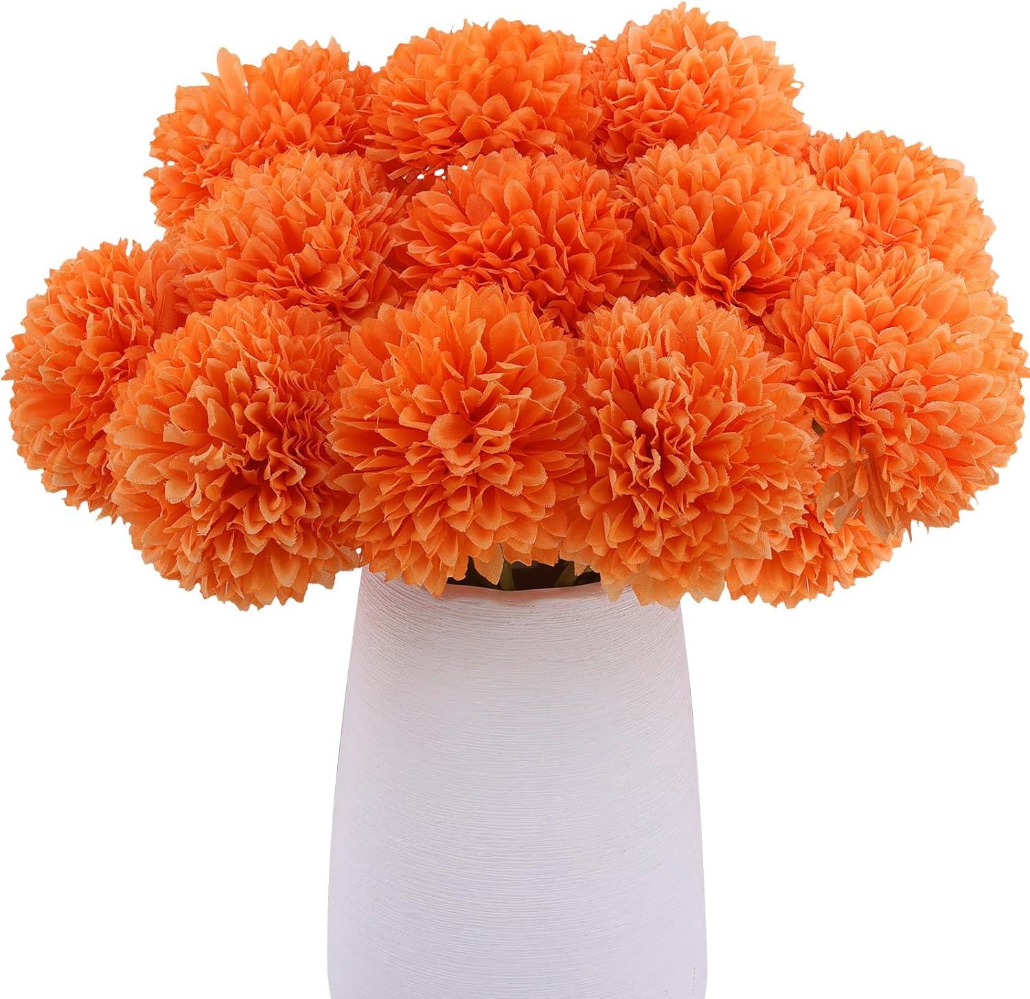 12pcs Orange Fake Flowers 12" Artificial Chrysanthemum Ball Silk Flowers Bouquet for Home Kitchen Wedding Table Arrangement Decorations