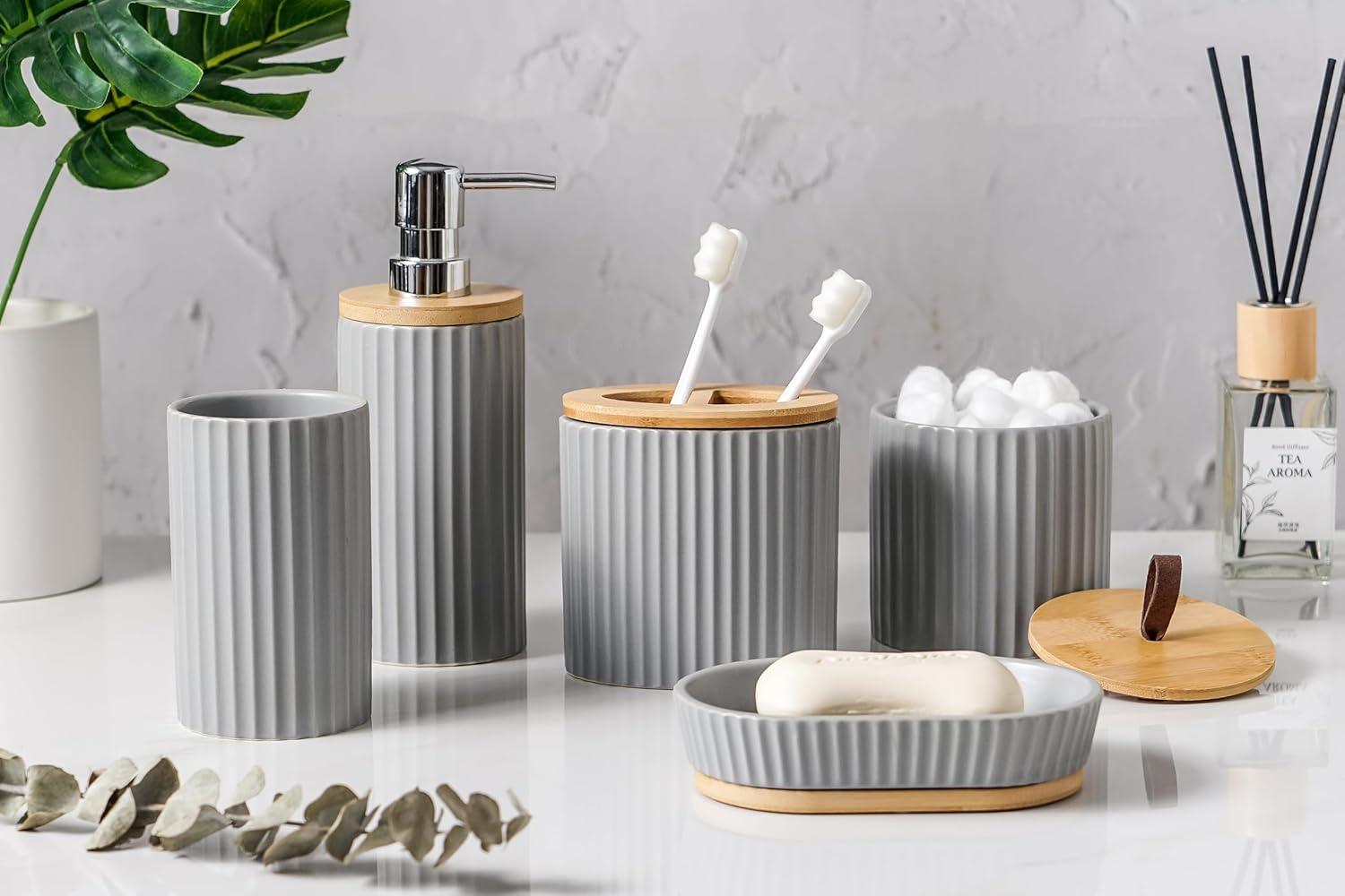 Gray Ceramic and Bamboo 5-Piece Bathroom Accessory Set