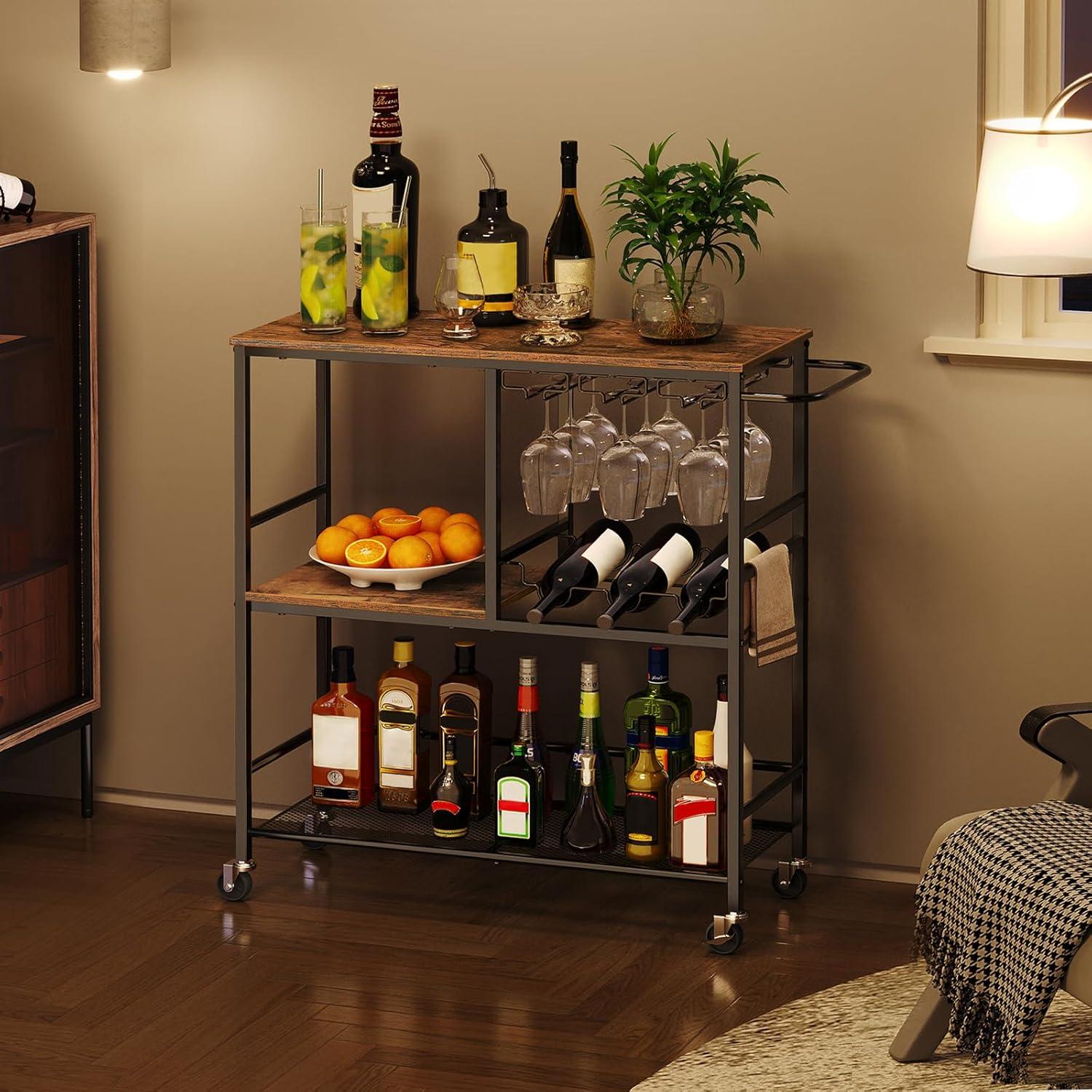 Rustic Brown and Black 3-Tier Bar Cart with Wine Rack