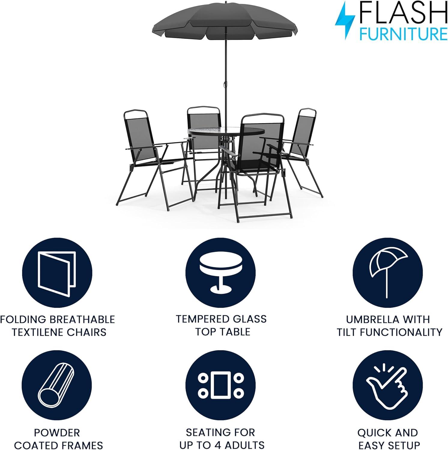 Flash Furniture Nantucket 6 Piece Patio Garden Set with Table, Umbrella and 4 Folding Chairs