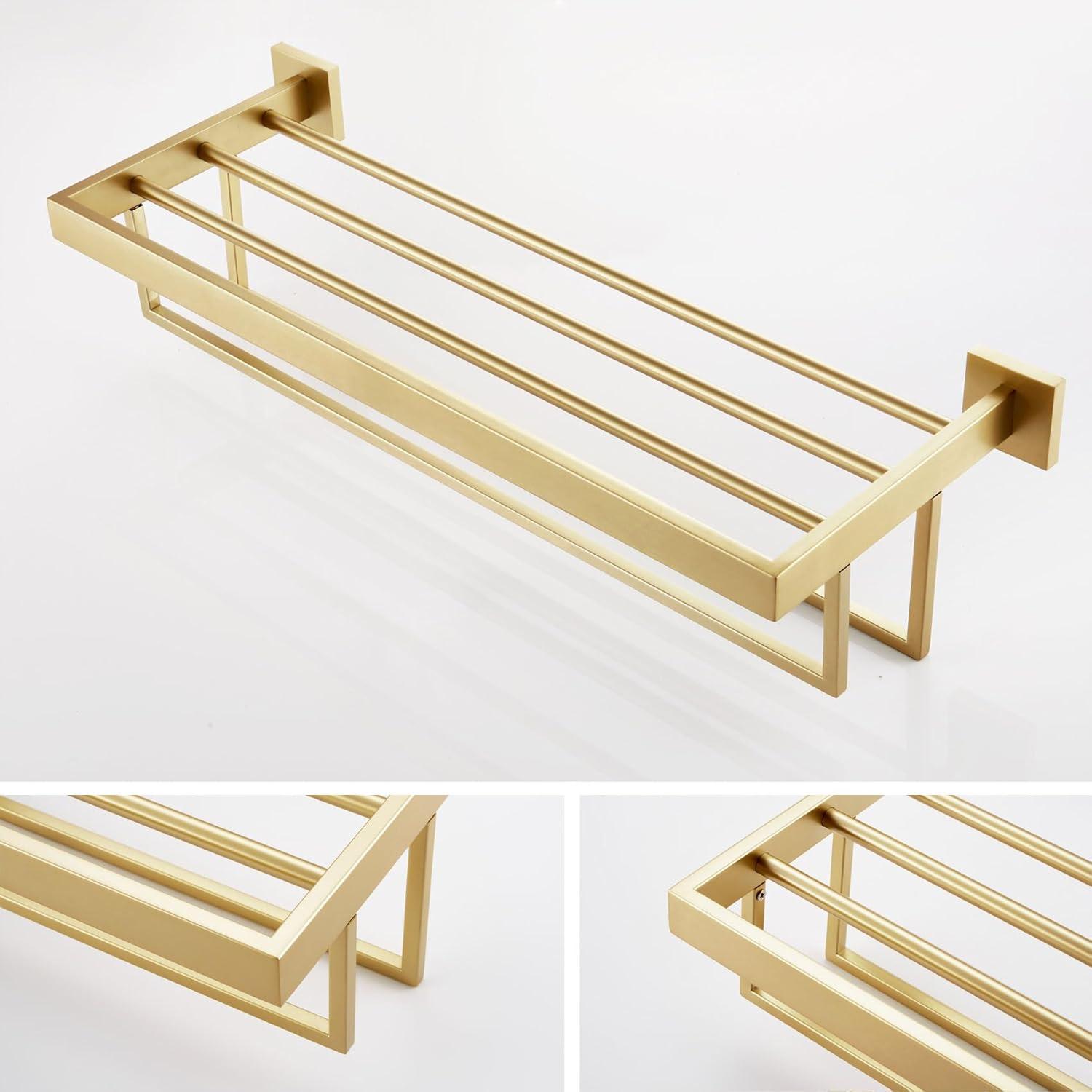 KOKOSIRI Towel Shelf Holder 24'' Bathroom Towel Rack with Two Bath Towel Bars Rails SUS304 Stainless Steel Wall Mount, Brushed Gold, B6003BG