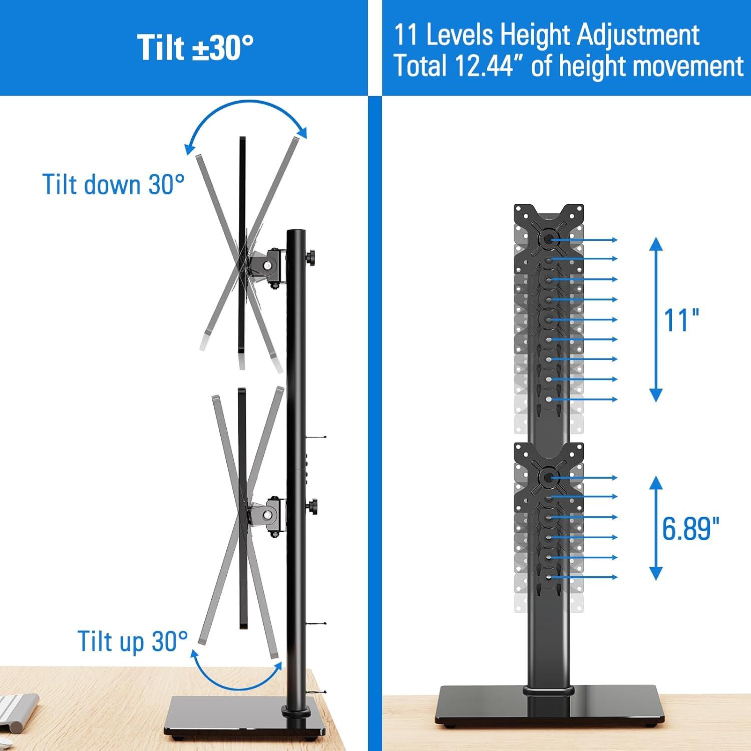 MOUNTUP Vertical Dual Monitor Stand, Stack Two Screens up to 32 inches,33 Lbs, Free-Standing Monitor Desk Mount, Monitor Riser with Swivel, Tilt, Height Adjustable, VESA Stand 100 x 100mm, 75 x 75mm