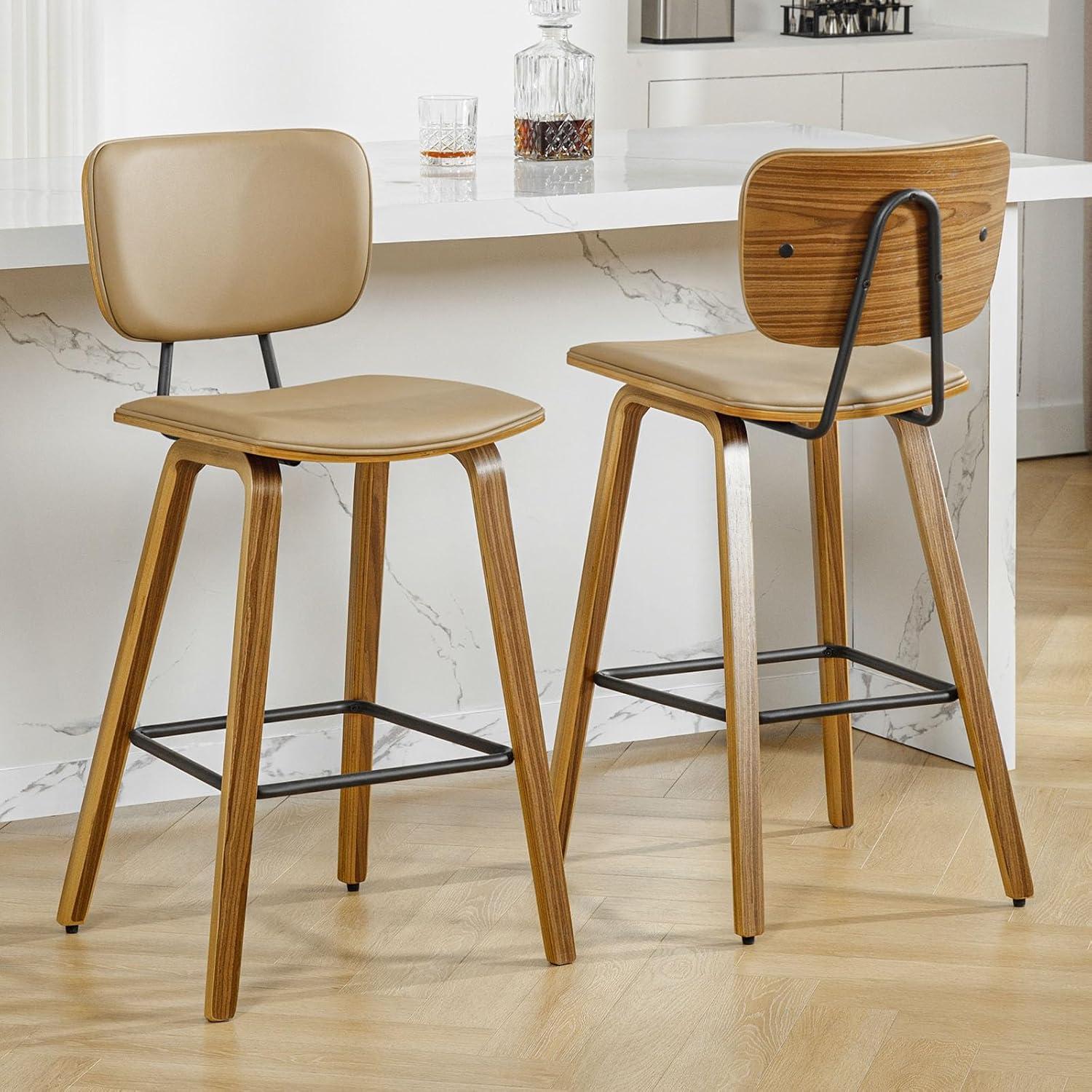 Brown PU Leather Upholstered Counter Stools with Bent Wood Legs, Set of 2