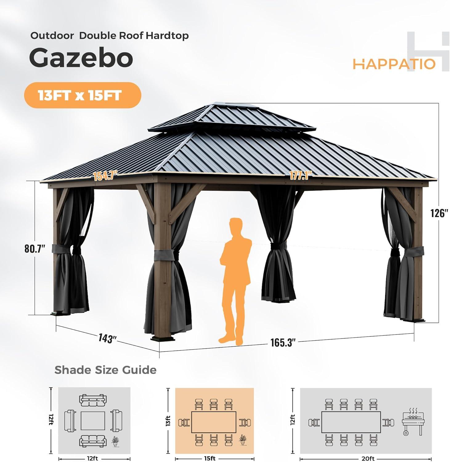 13' x 15' Black Metal Roof Wood Patio Gazebo with Curtains