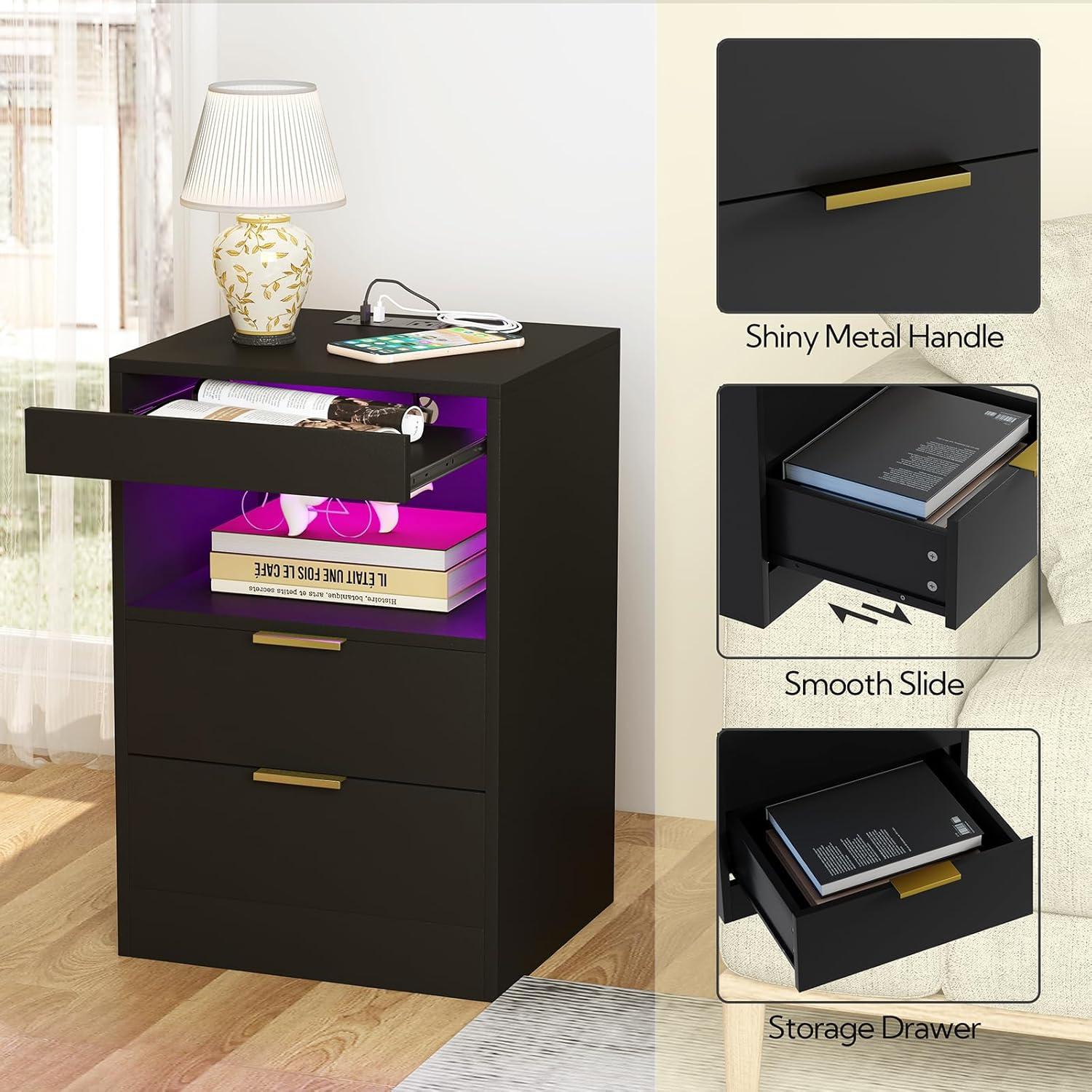 Black MDF Nightstand with LED Lights and Charging Station