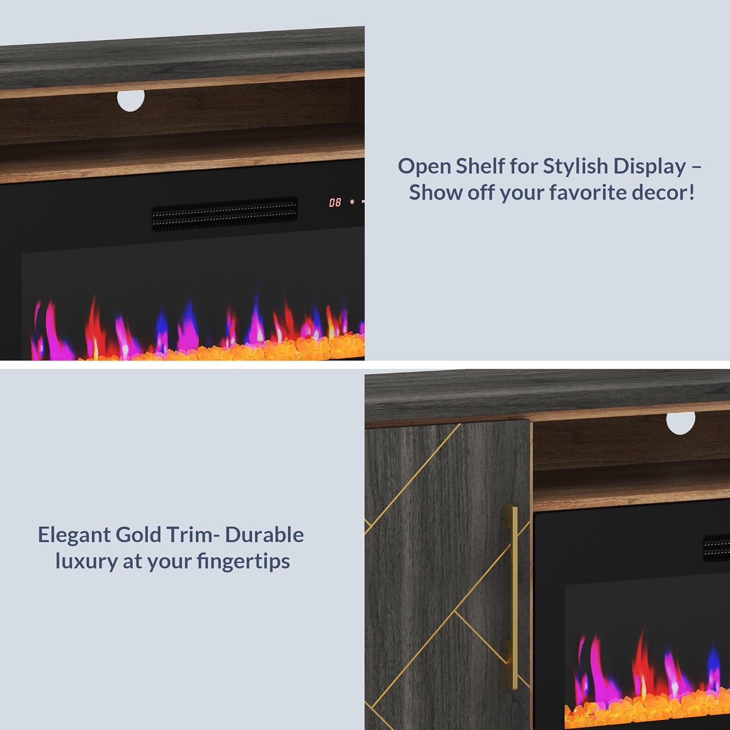 BELLEZE 68 Inch Electric Fireplace TV Stand With Gold Grim, Elegant Entertainment Center With Storage, Media Console With Drawers & Open Shelves for Living Room, Bedroom Home Theater (Espresso Black)